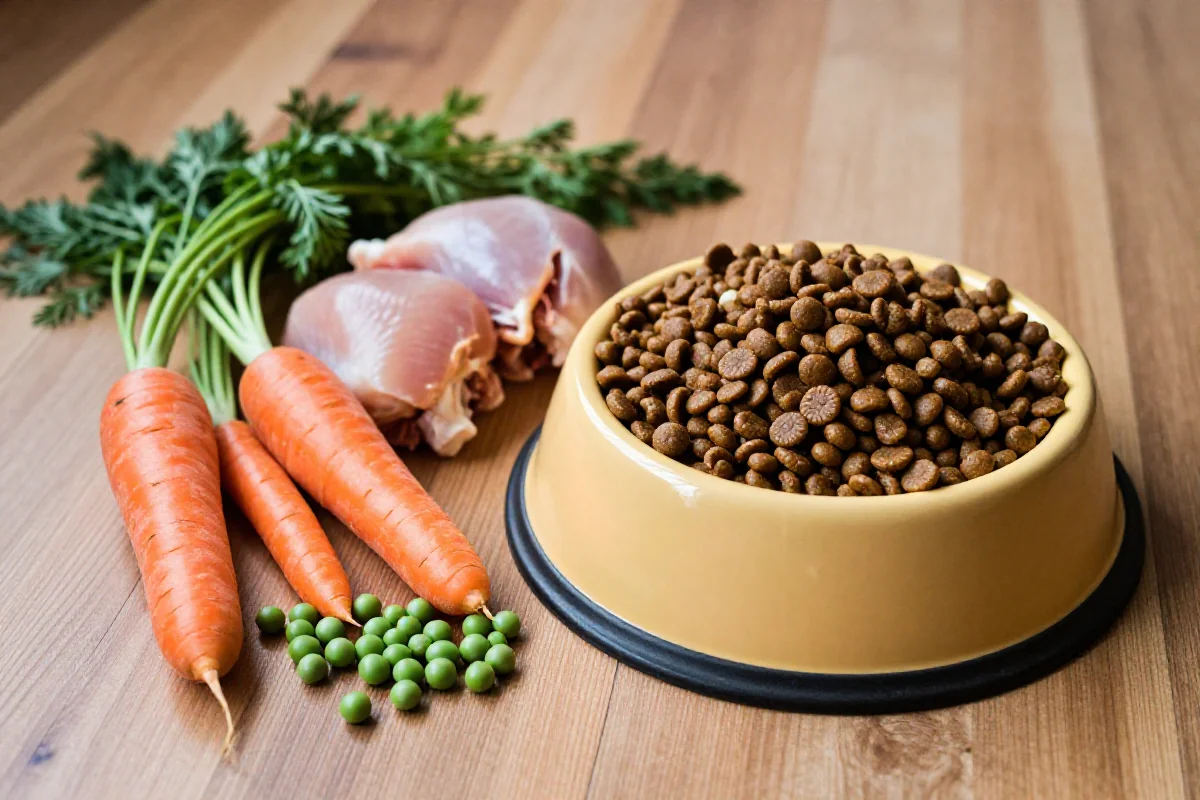 Hundemat i en skål med friske ingredienser, AAFCO-standarder for hundefôr.