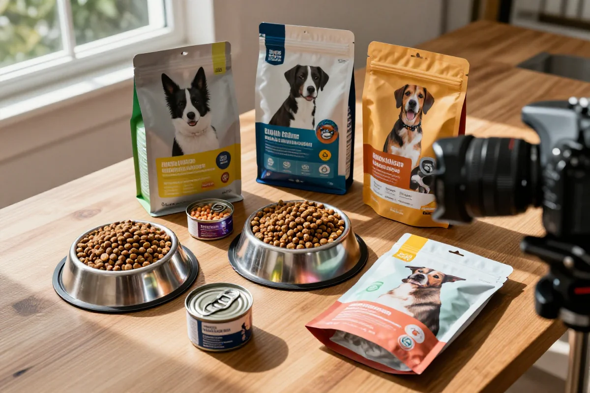 Ulike hundefôrprodukter for agility og canicross med naturlig belysning.