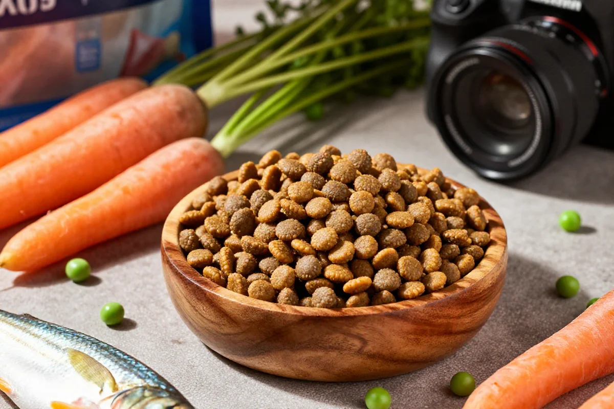 Hundefôr og ferske ingredienser for aktiv hund som går ned i vekt.