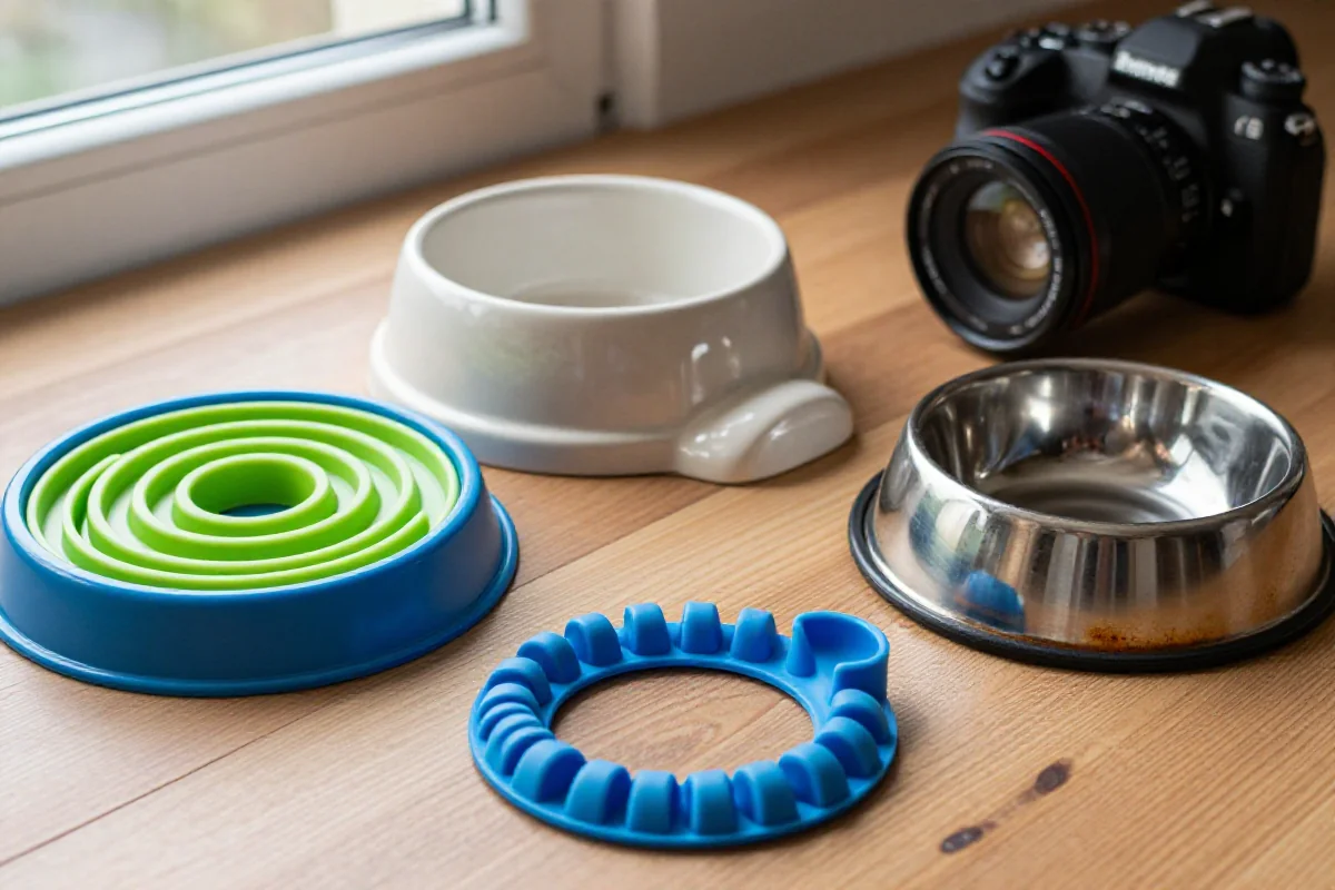 Ulike slow feeders for hunder, inkludert plast, keramikk og rustfritt stål.