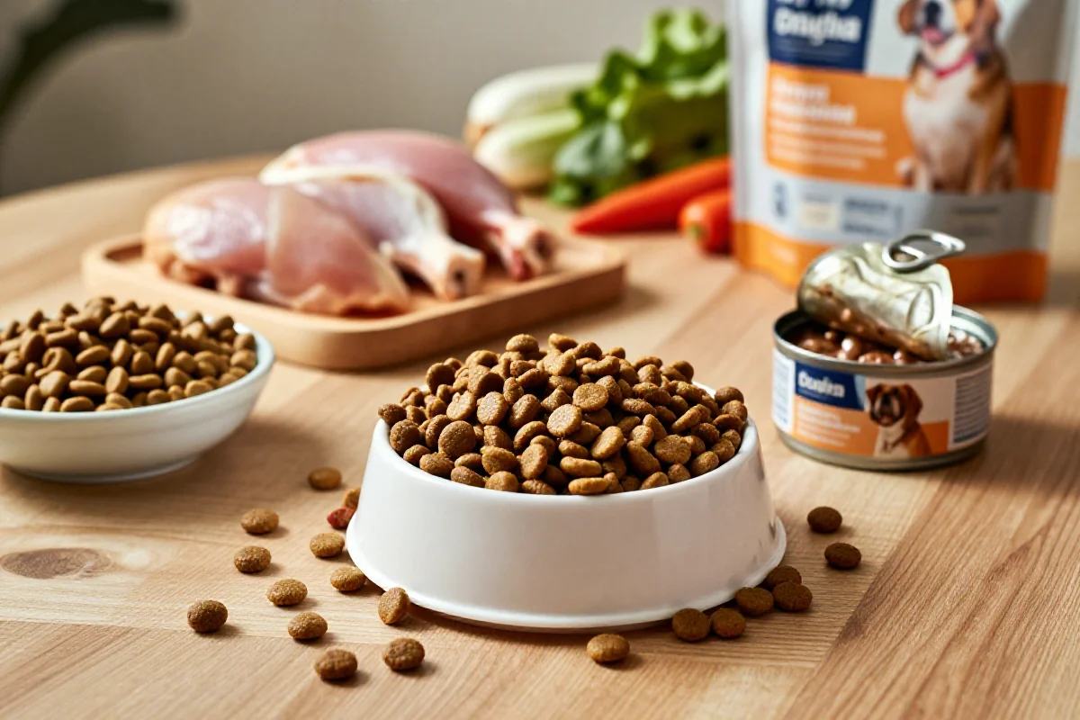Variert hundemat med ingredienser som protein og karbohydrater på trebord.