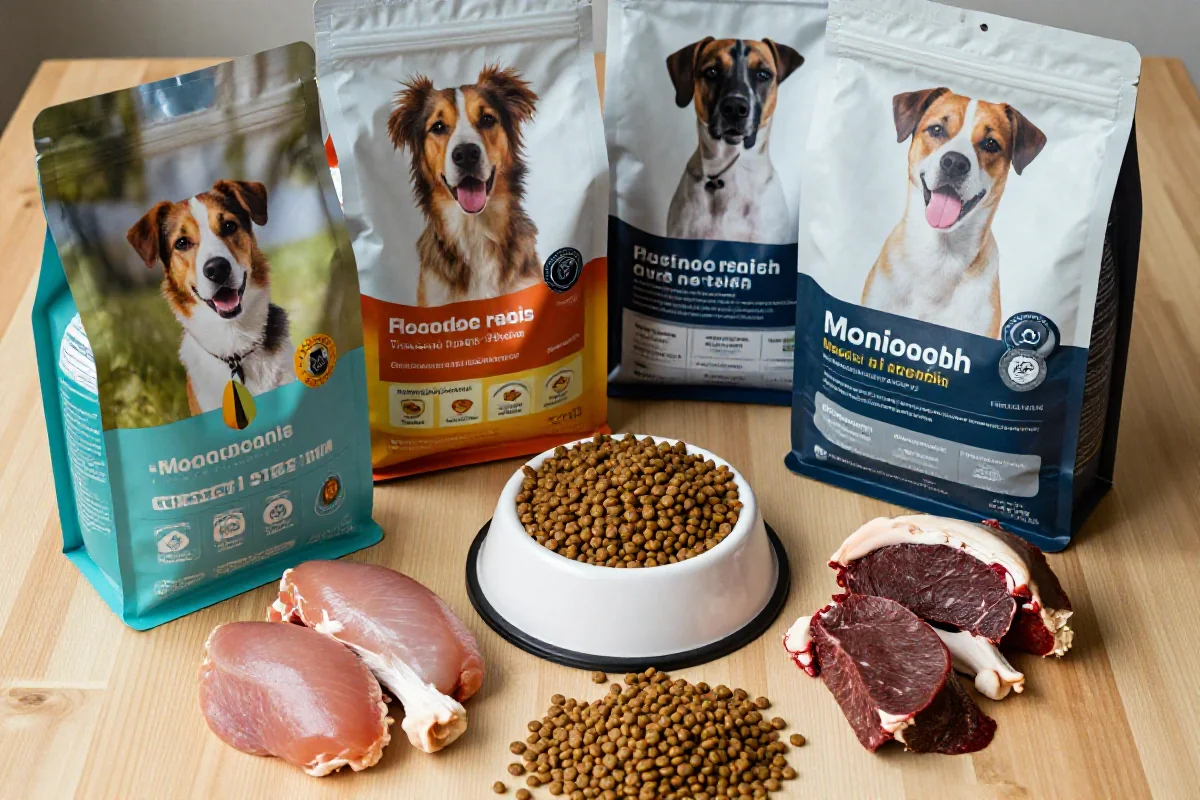 Ulike hundematprodukter med allergener som kylling og storfe på en treoverflate.