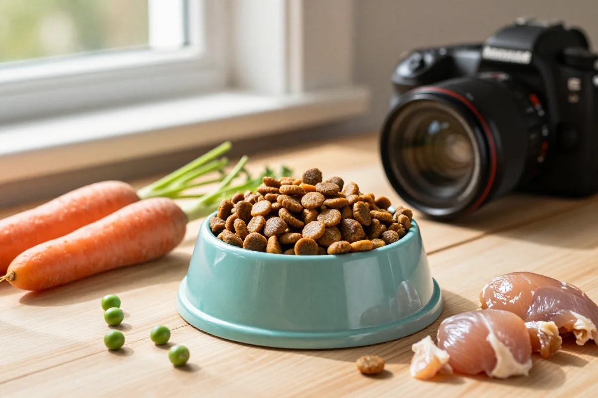Variert hundemat i skål med friske ingredienser for hundens helse