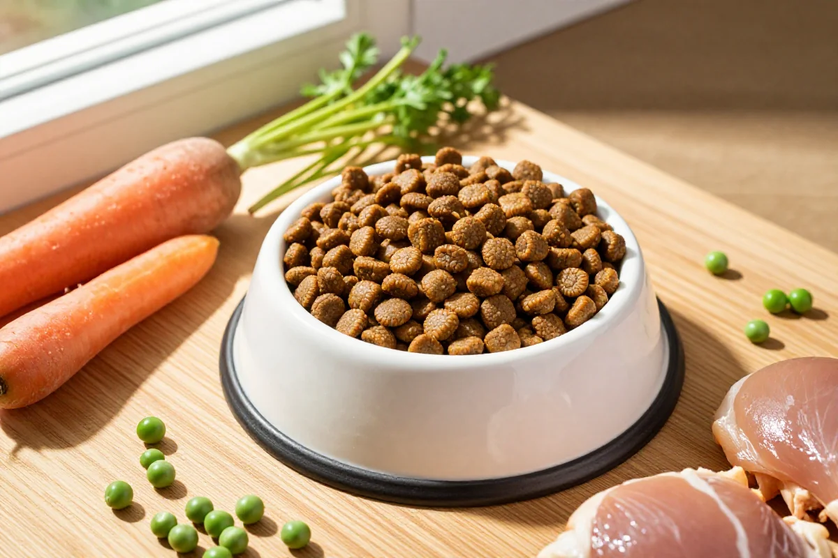Hundefôr med kibble og ferske ingredienser på en treoverflate.