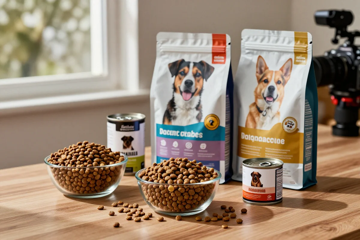 Samling av hundematprodukter med analytiske verdier på etiketten.