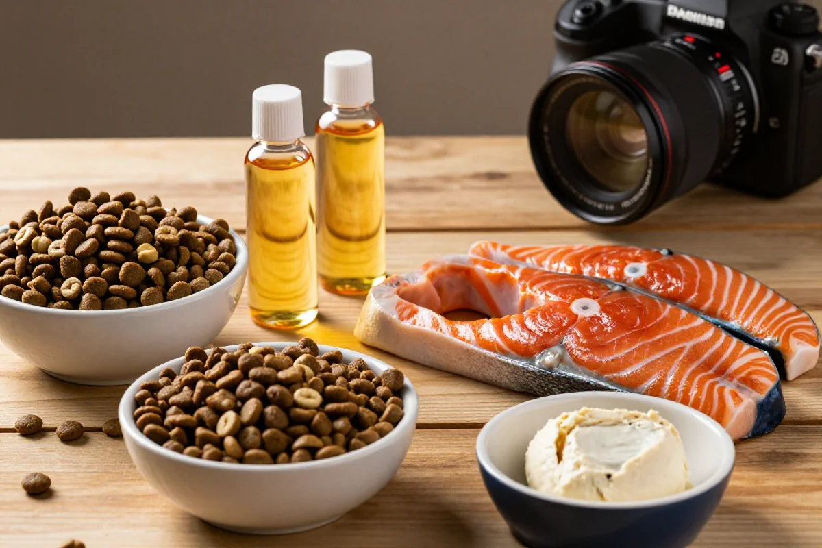 Høykvalitets ingredienser til hundemat med animalsk fett og fiskeolje.