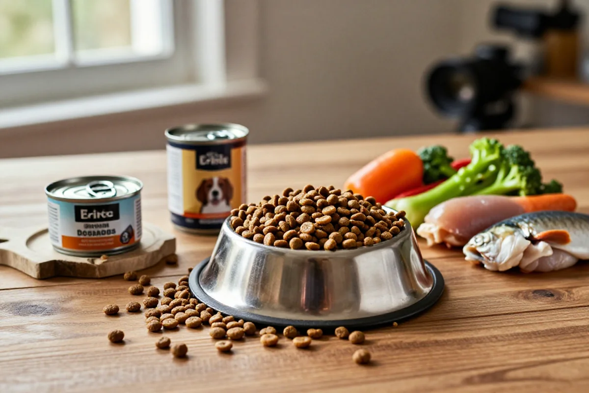 Variert hundemat med animalsk og planteprotein på et trebord.