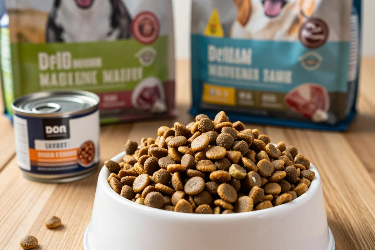 Variert hundemat med animalsk og planteprotein på trebord.
