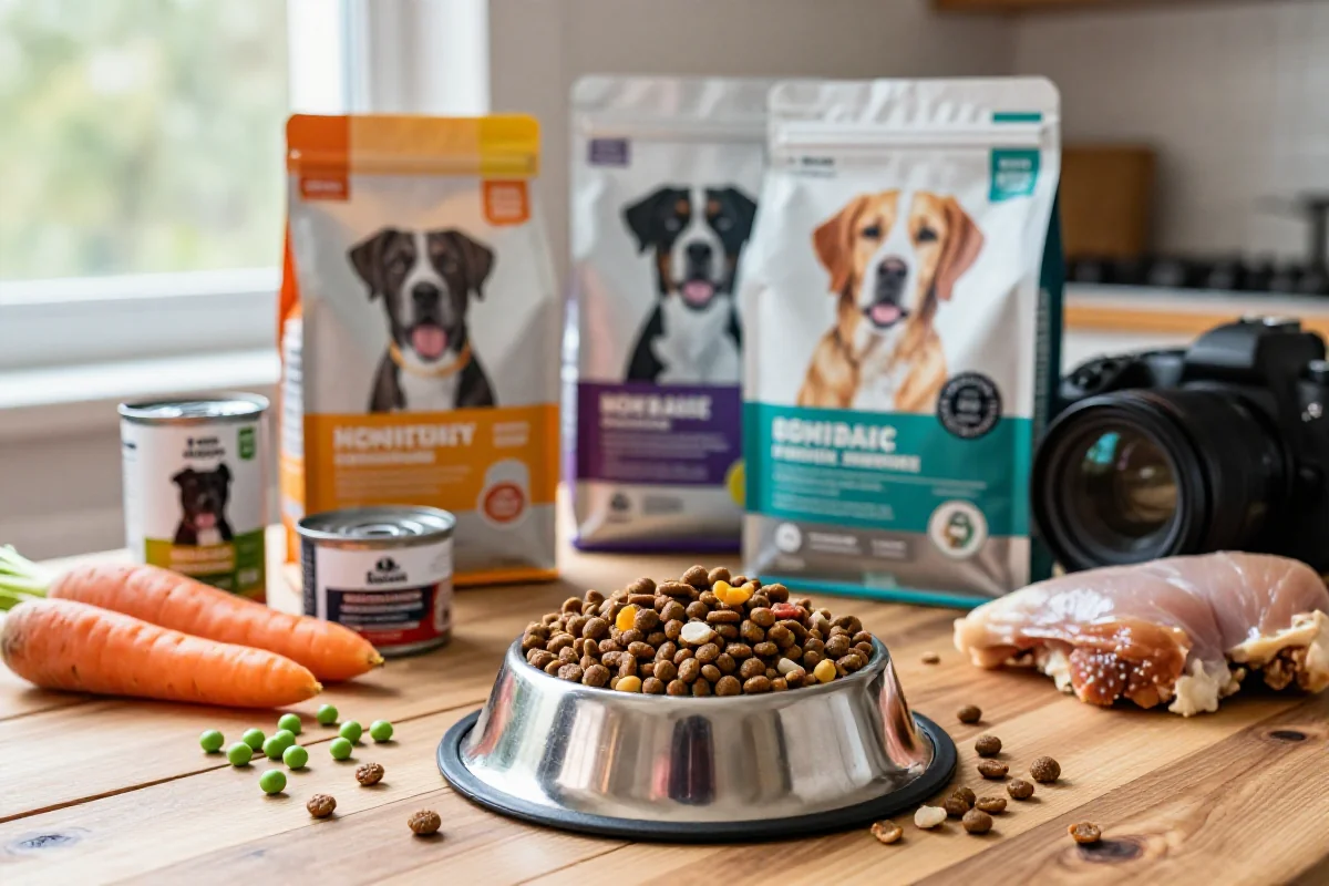 Ulike typer hundefôr og ferske ingredienser for hunden nærer seg riktig.