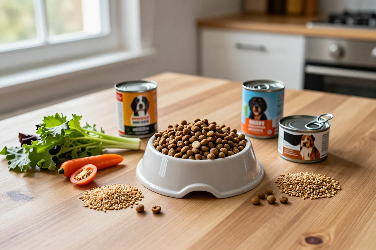 Variert hundemat på kjøkkenbord, inkludert tørrfôr og hermetisk mat.