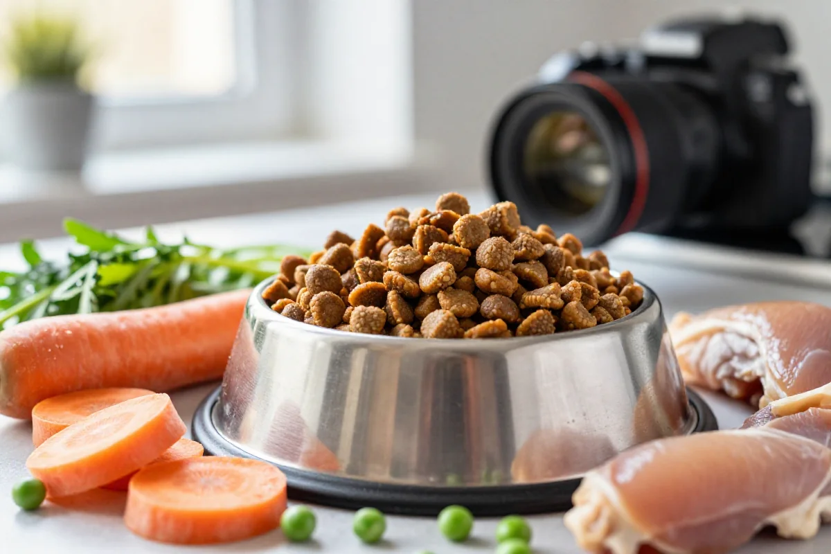 Skål med tørr hundemat og friske ingredienser, B-vitaminer for hunder