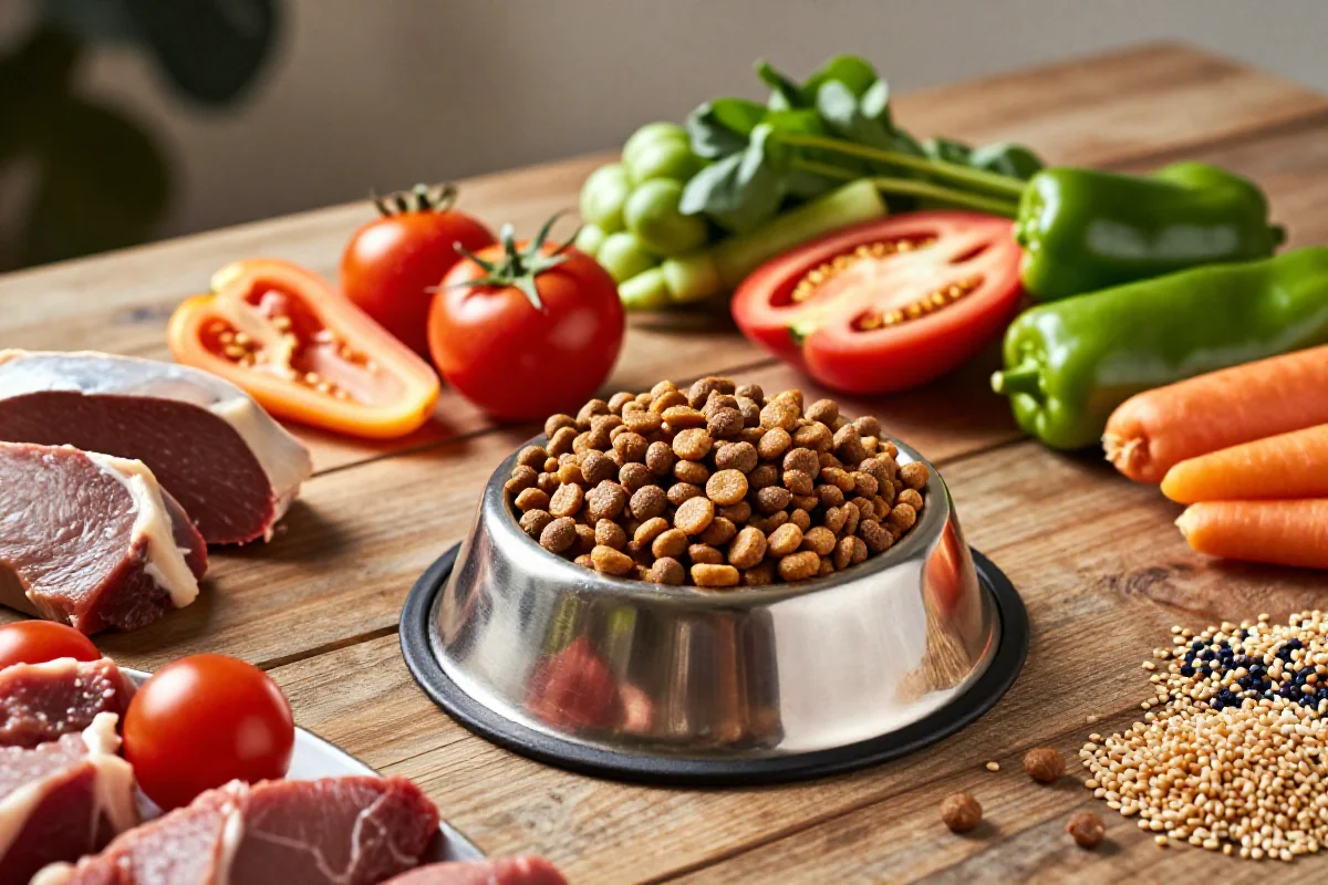Balansert hundemat for mellomstore hunder med kibble og friske ingredienser.