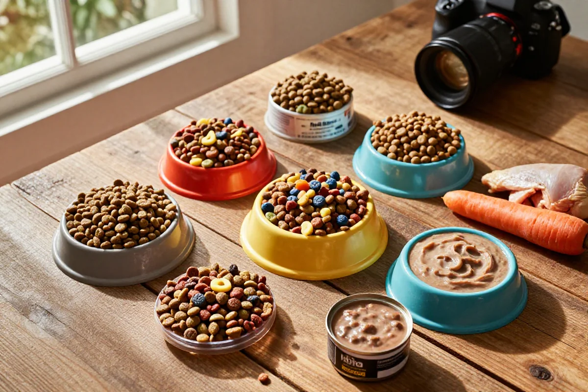 Fôr til hunder med kibble, våtfôr og friske ingredienser på bordet.