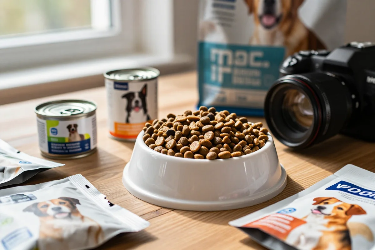 Bilde av hundematprodukter som inkluderer tørrfôr og våtfôr.