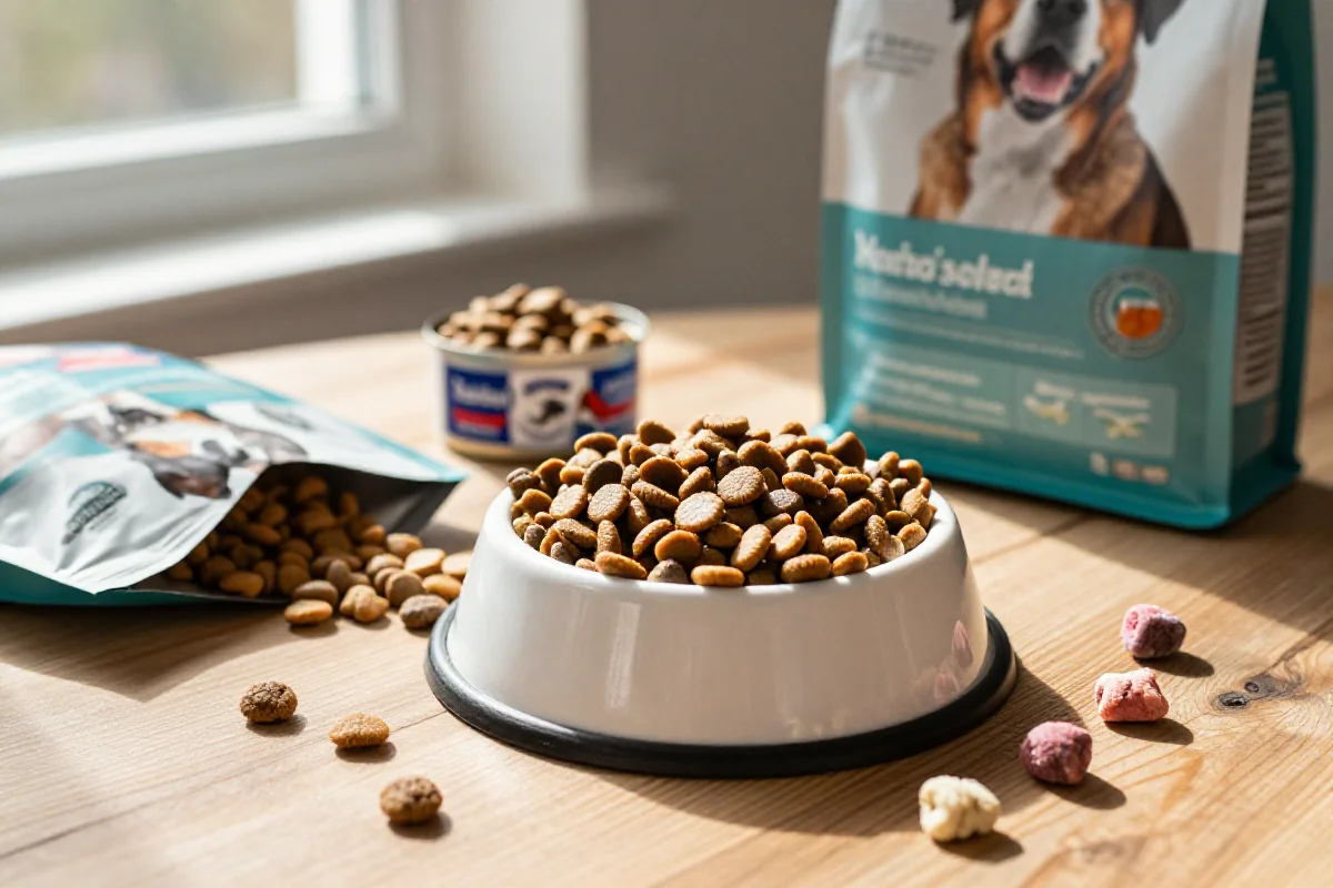 Fôr til hunder på et bord med kibble, våtfôr og godbiter.