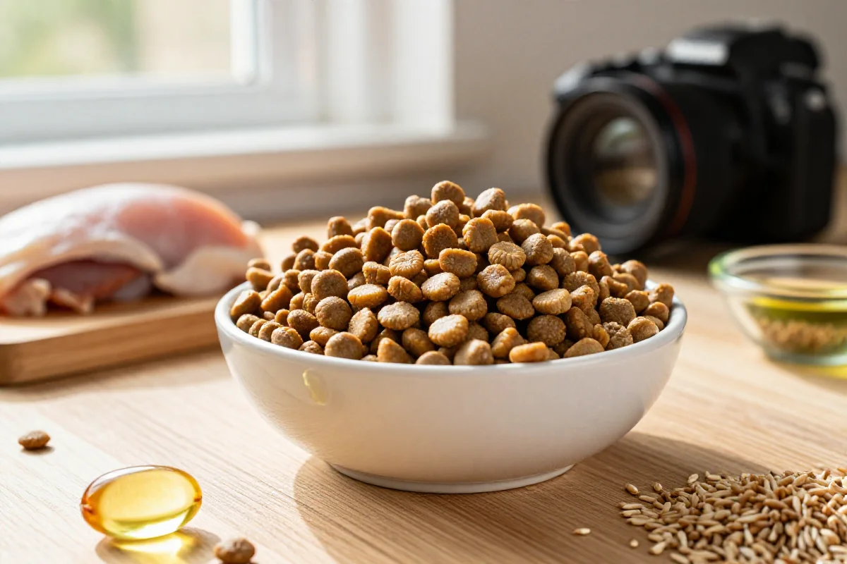 Skål med høykalorisk hundemat og friske ingredienser for vektoppgang