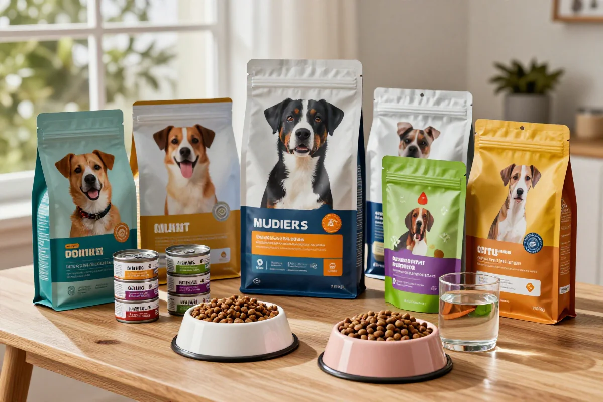 Fargerik hundemat på tilbud med kibble, våtfôr og tilbehør.