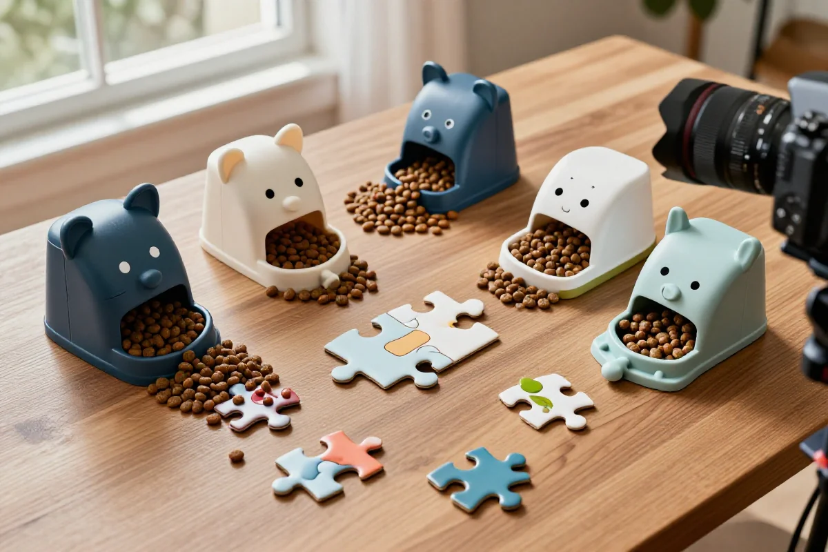 Puzzle feeders for hunder, interaktive matskåler med fôr og kibble.