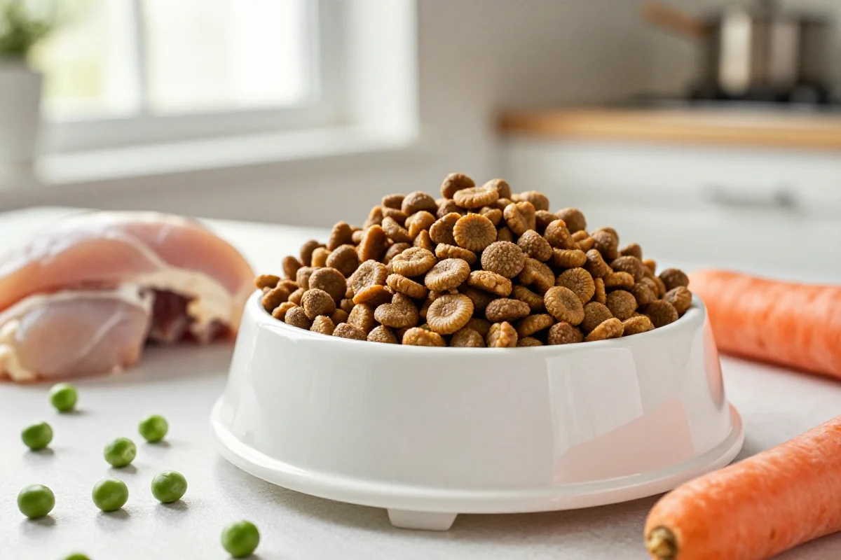 Bowl med slankefôr for overvektige hunder med friske ingredienser.