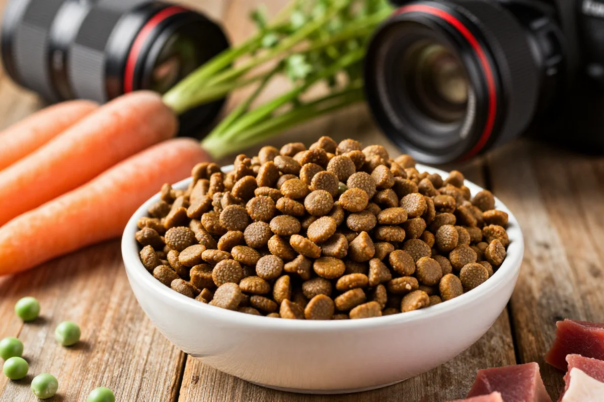 Bolle med tørrfôr til hund, omringet av friske ingredienser.
