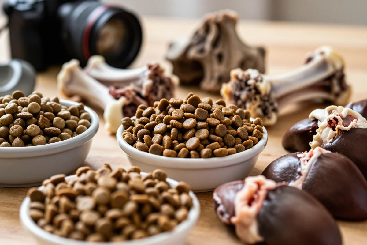 Nærbilde av hundemat ingredienser som bi-produkter og tørket fôr.
