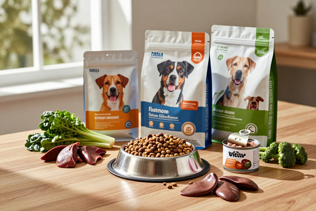 Bilde av hundemat med tørrfôr, våtfôr og ferske ingredienser for hunden.