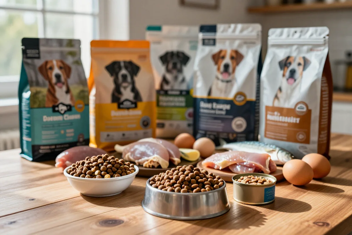 Variert hundemat med animalske og plantebaserte ingredienser på bordet