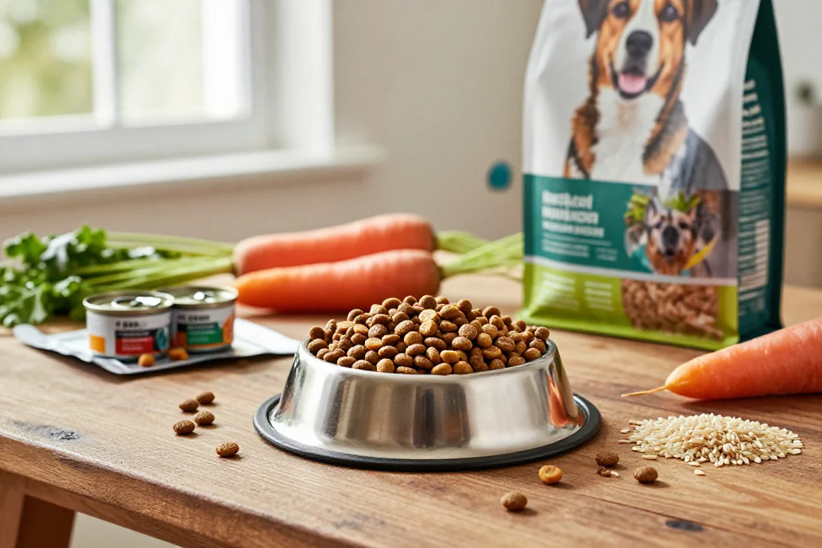 Hundefôr av høy kvalitet med naturlige ingredienser og kibble i en bolle.