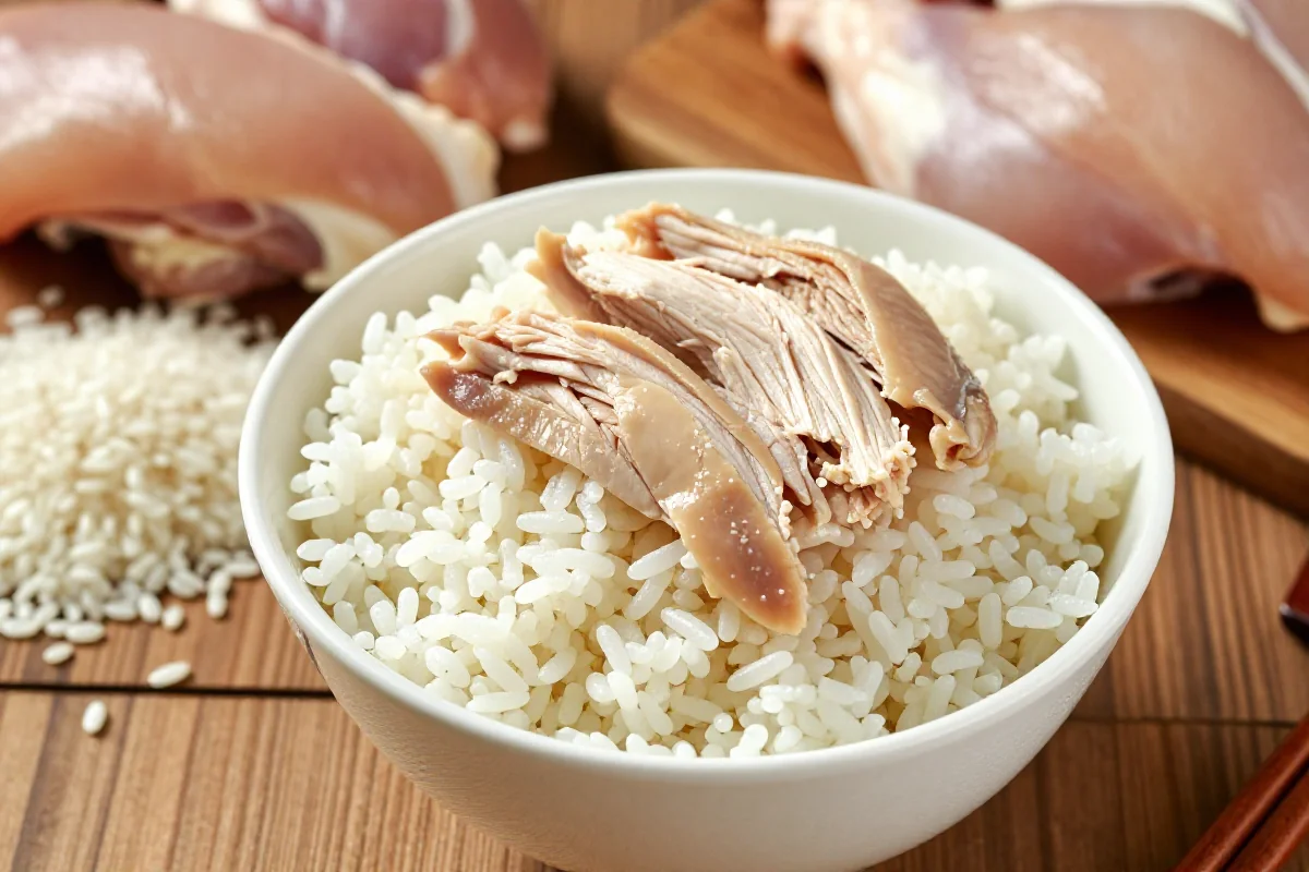Bland-diett for hund med ris og kylling, friske ingredienser på bordet.