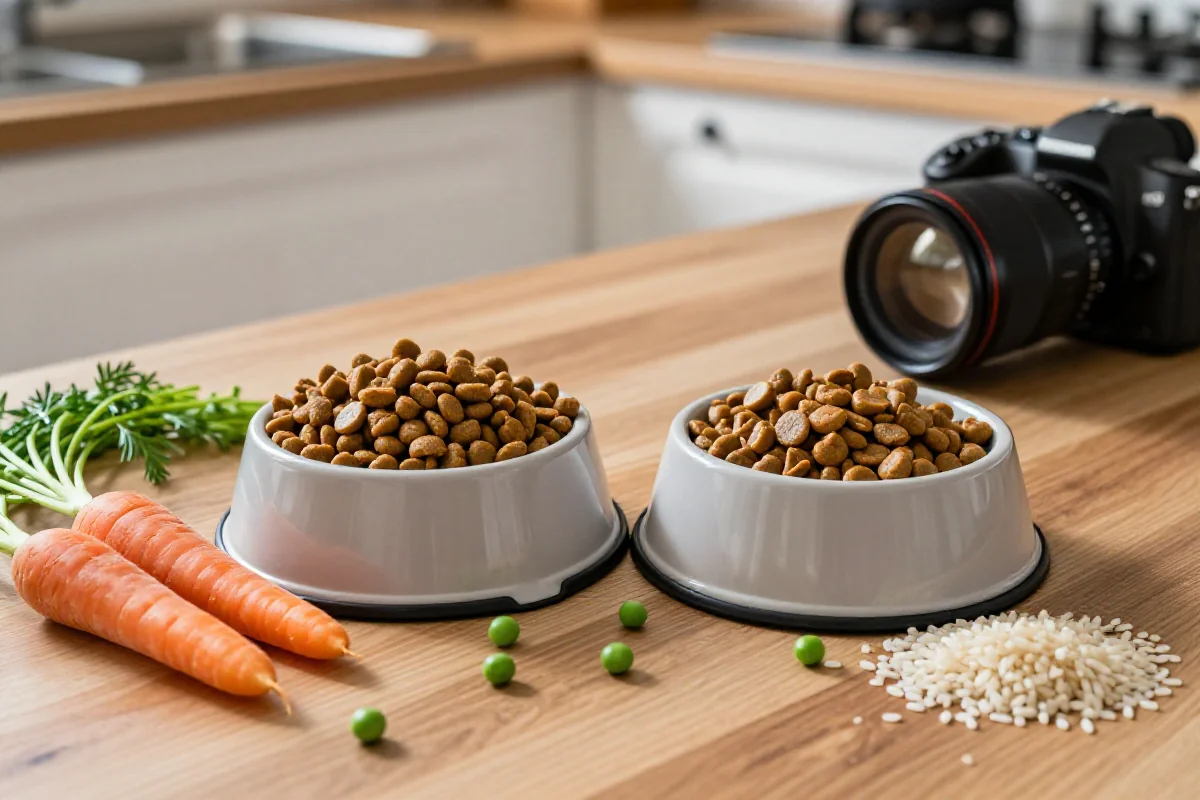 To skåler med hundemat og ferske ingredienser for hunden