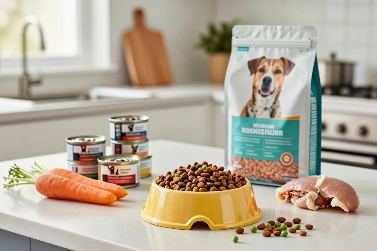 Fôrprodukter til hund, inkludert tørrfôr, våtfôr og friske ingredienser.