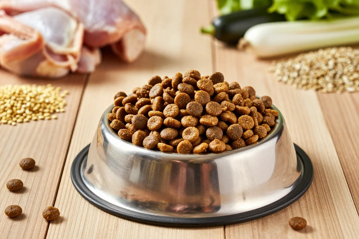 Høy kvalitet tørrfôr i en stålskål med friske ingredienser ved siden av.