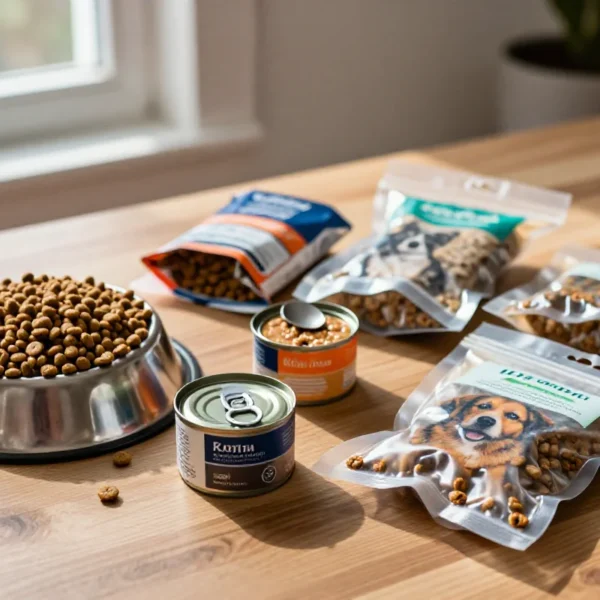 Ulike hundematformater som tørrfôr, våtfôr og ferskt fôr på et bord.
