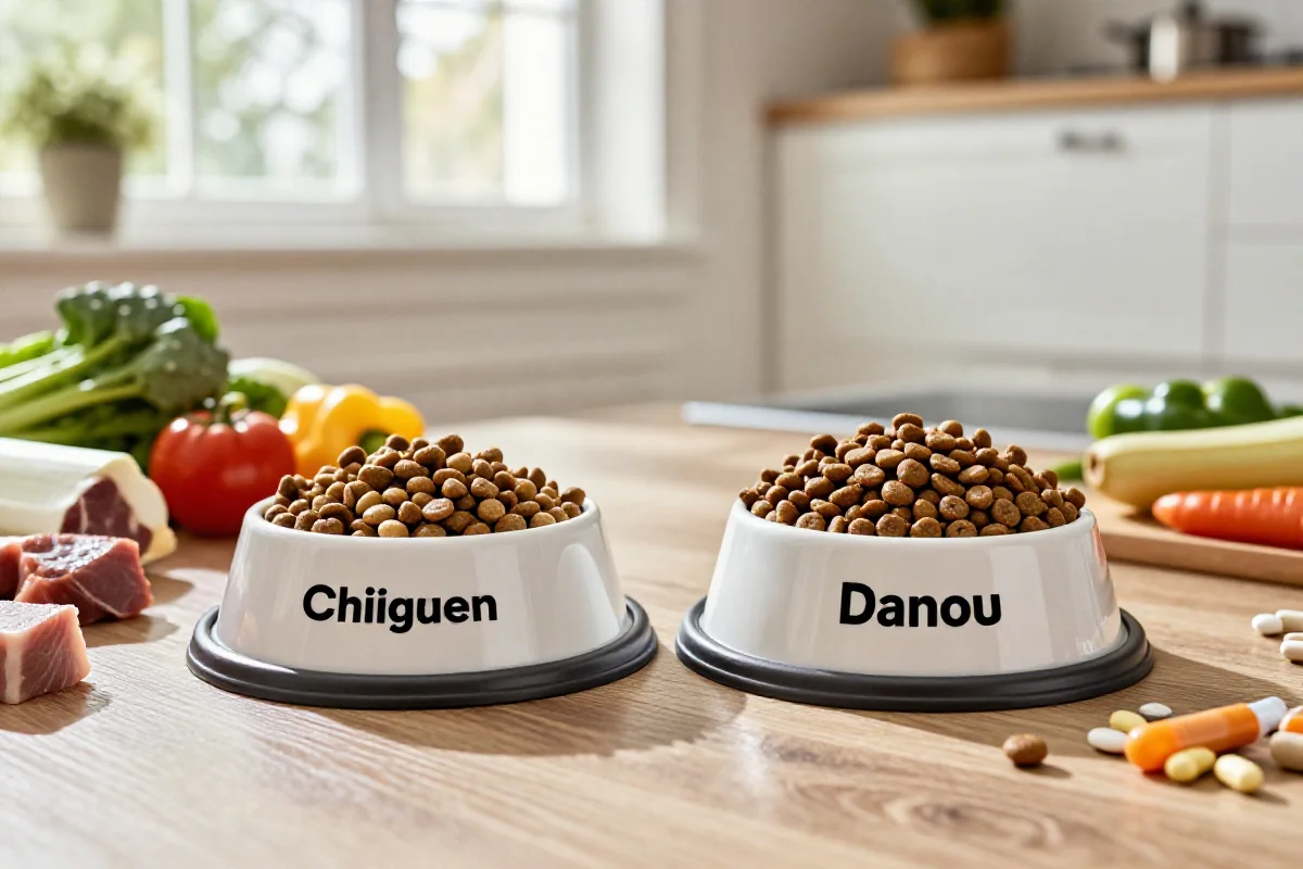 Valpefôr til Chihuahua og Grand Danois med forskjellig kibble-størrelse.