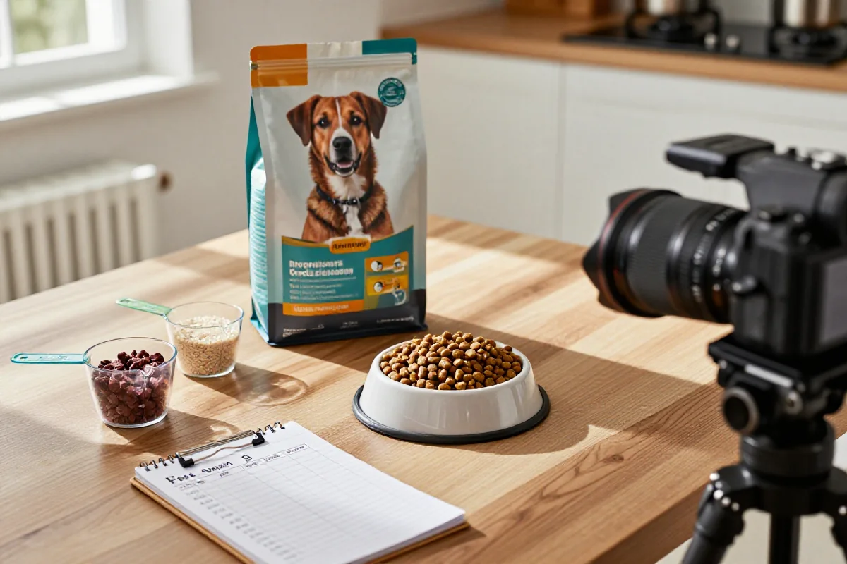 Hundeovergang med tørrfôr, ingredienser og måleskjeer på kjøkkenbord.