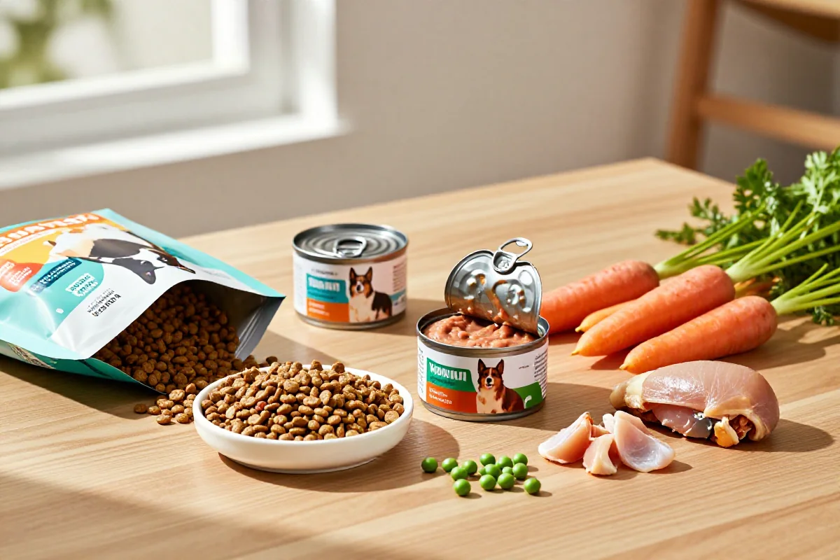 Variasjon av hundemat, inkludert tørrfôr, våtfôr og ferske ingredienser.