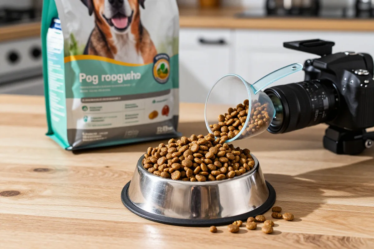 Bilde av hundemat under matovergang med kibble og ingredienser.
