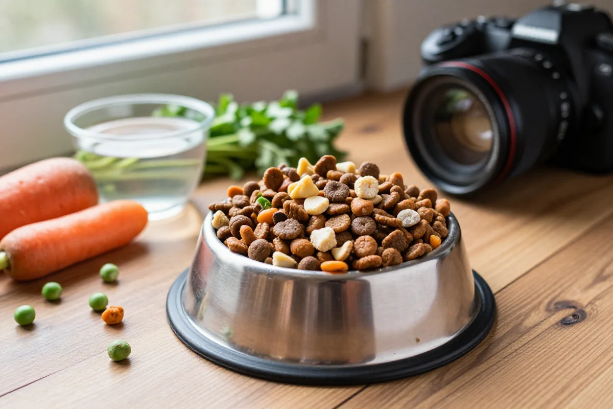 Hundeskål med tørket hundemat og friske grønnsaker for optimal hundehelse.