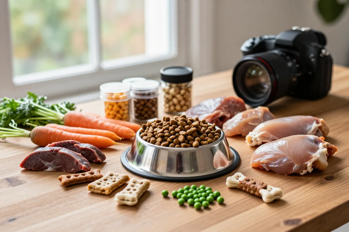 Variasjon av hundemat ingredienser for datainnsamling i hundematproduksjon.
