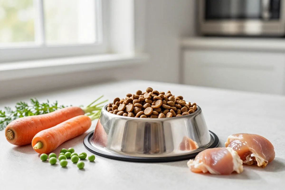 Hundefôr og friske ingredienser i en ren fôringsstasjon for hunder.