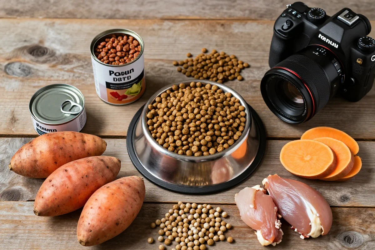 Variert hundemat og ingredienser på et rustikt bord, fokus på ernæring for hunder.
