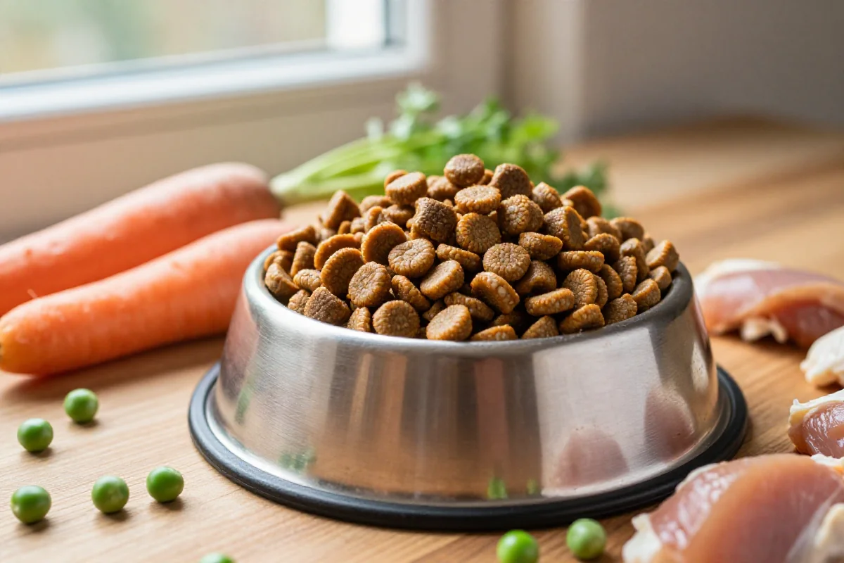 Hundematbolle med tørr hundemat og friske ingredienser for hundernæring.
