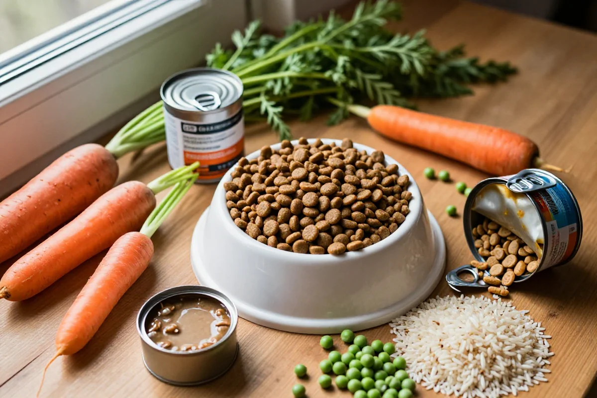Variert diett-fôr for hunder med kibble, våtfôr og ingredienser