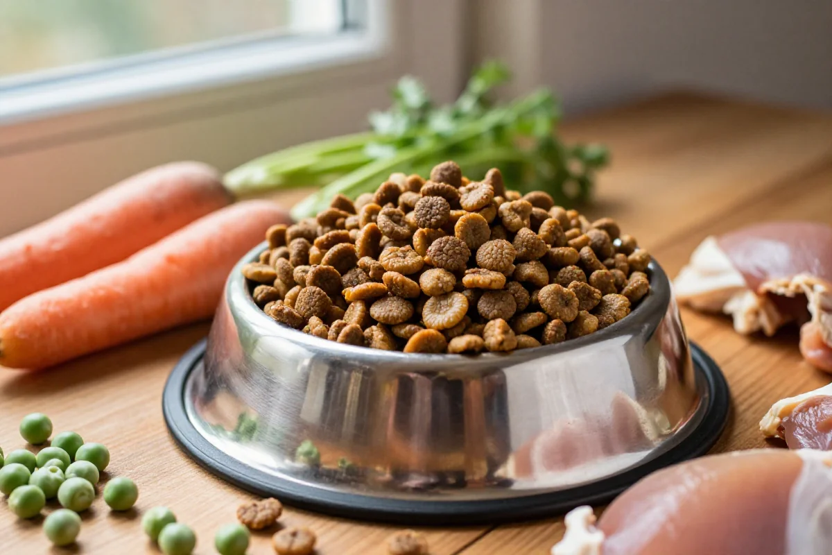 Bolle med tørr hundemat og friske ingredienser for hundenæringsinnhold.