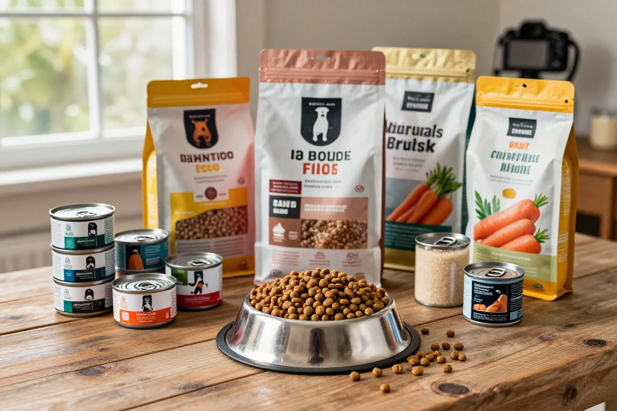Hundefôrprodukter og naturlige ingredienser på et rustikt bord.