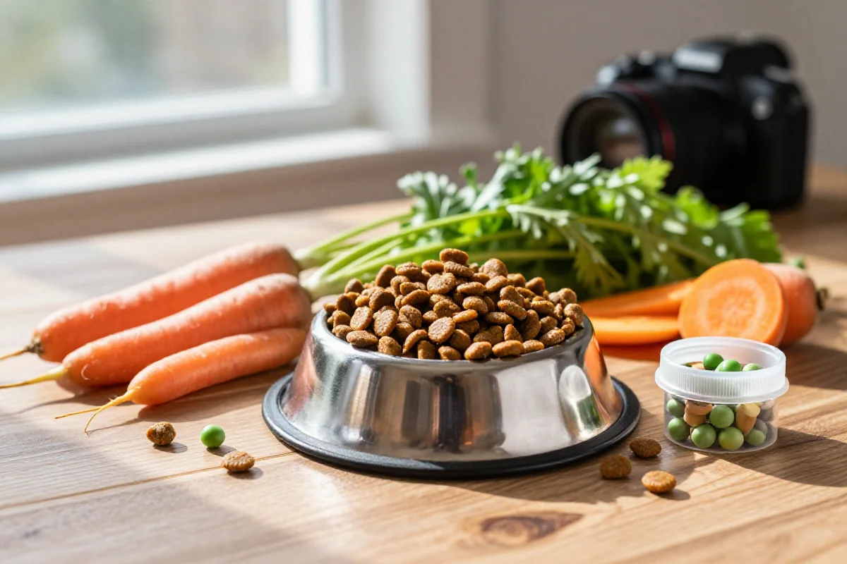 Hundeingredienser som tørrfôr, grønnsaker og kosttilskudd på et bord