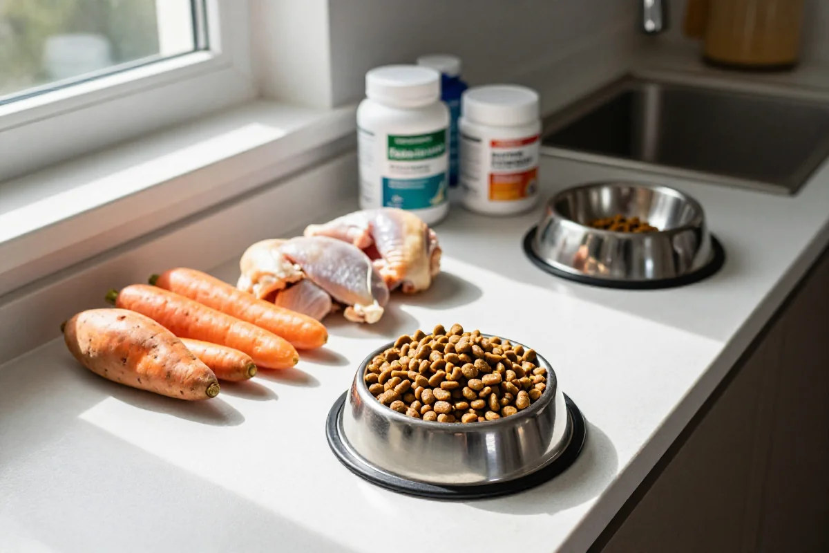 Hundemat for eliminasjonsdiett med ferske ingredienser og tørrfôr.