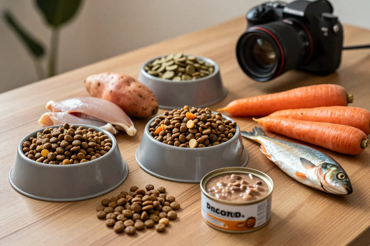 Ulike ingredienser til eliminasjonsdiett for hunder på et trebord