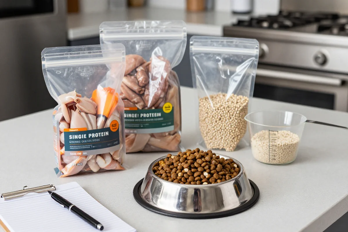 Hundemat for eliminasjonsdiett med kibble og proteinkilder i et moderne kjøkken.