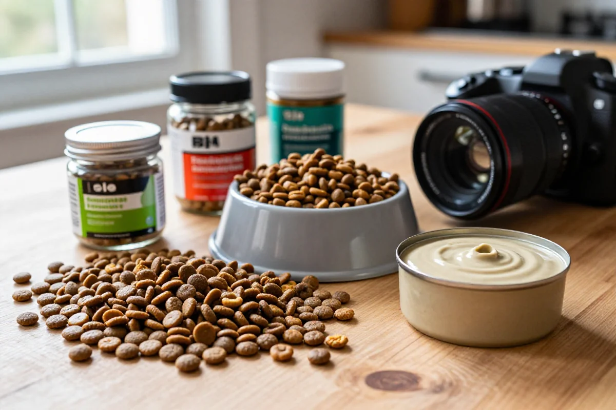 Bilde av hundemat ingredienser som kibble, våtfôr og kosttilskudd.